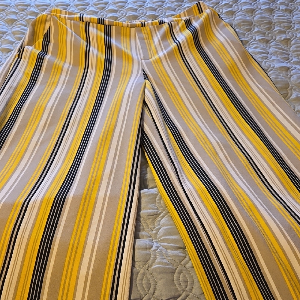 Striped Wide Leg Pants - Yellow, Black, and Gray High Rise
